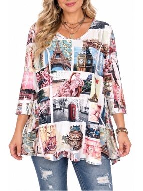 Cover Charge Paris & London Scenic Print 3/4 Sleeve Tunic Top- Large